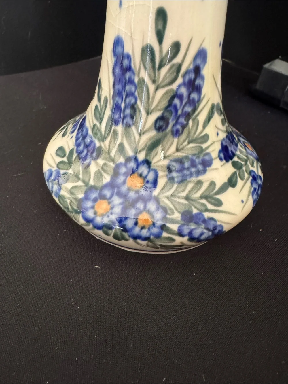 Vintage WR Unikat Polish Pottery Vase Tall Blue Floral Crazing